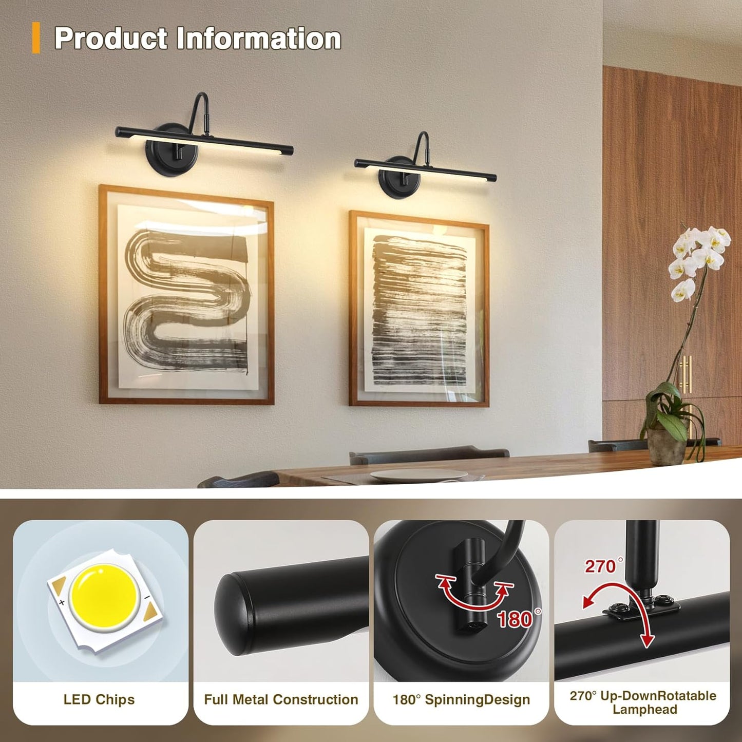 JOOSENLUX Picture Lights for Paintings Hardwired 16.5" Inch Long Dimmable Black Wall Lights with Adjustable Lighting Direction 110V 3000K