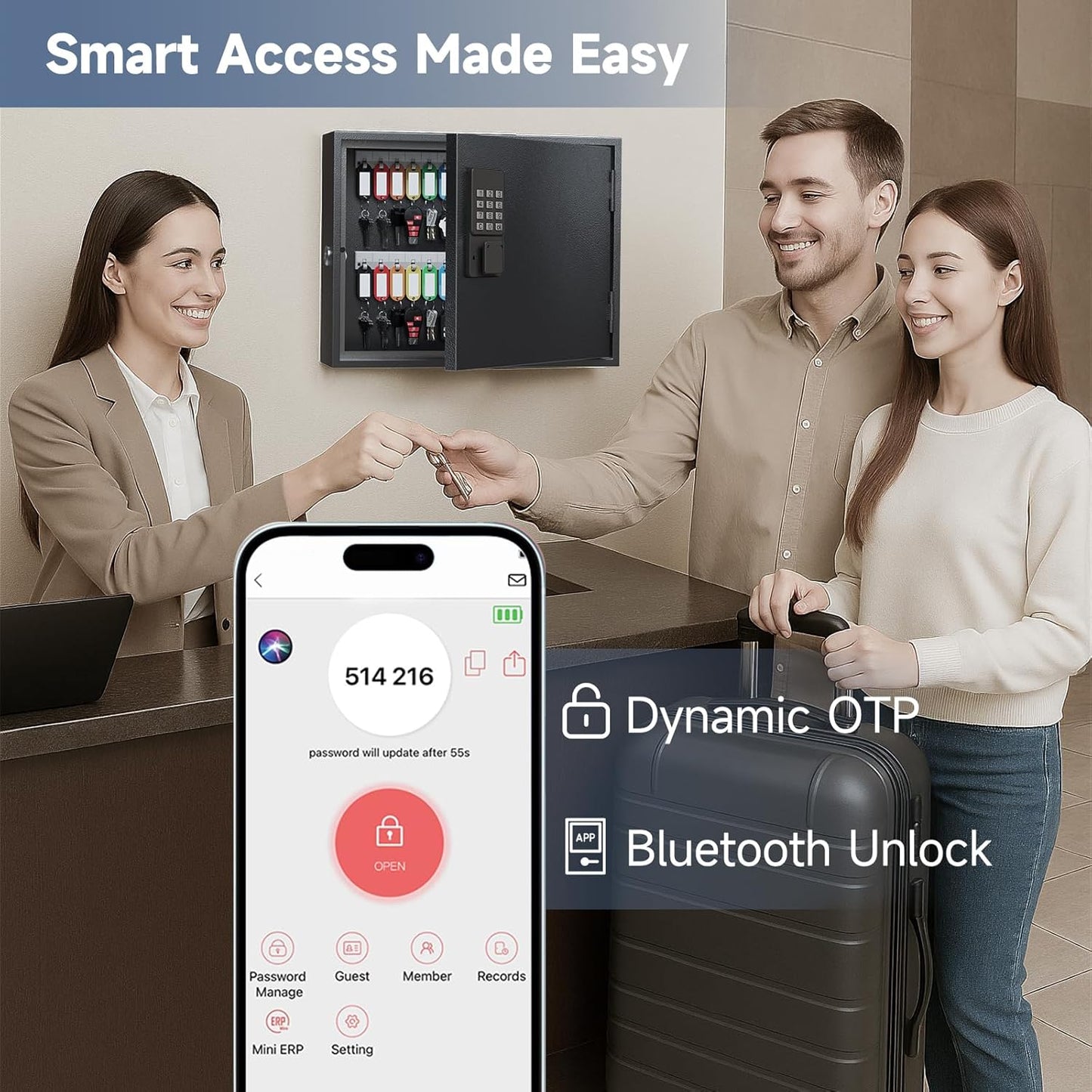 WeHere Smart Key Lock Box, Wall Mounted Key Cabinet with 60 Key Tags, Bluetooth App Control, OTP & Password Unlock, Wi-Fi Remote Unlock (Bridge Required), Steel Key Safe for Office Home Business