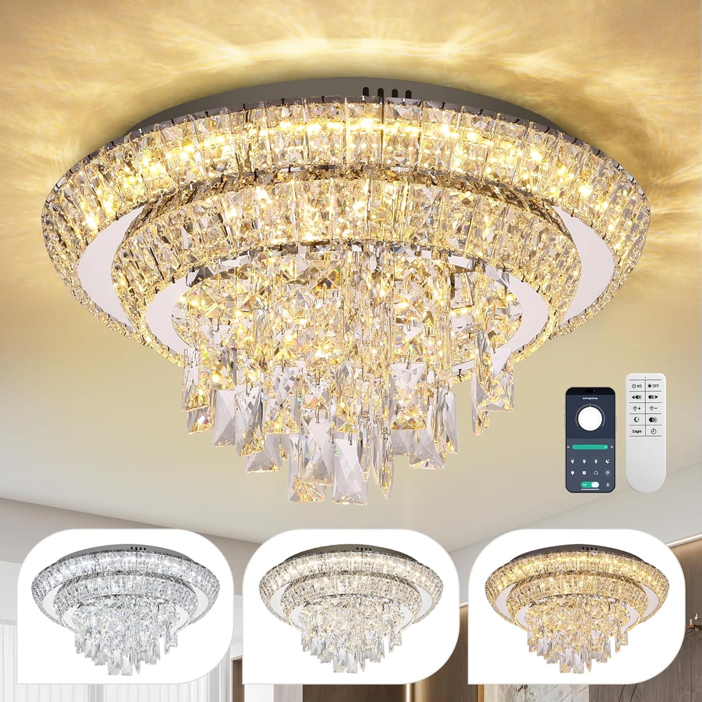COCOSTAR 18 inch Flush Mount Crystal Chandeliers with Remote and APP, Modern Elegant LED Crystal Raindrop Ceiling Light Fixture, 3CCT Dimmable, for Living Room Kitchen Island Bedroom Entryway Foyer