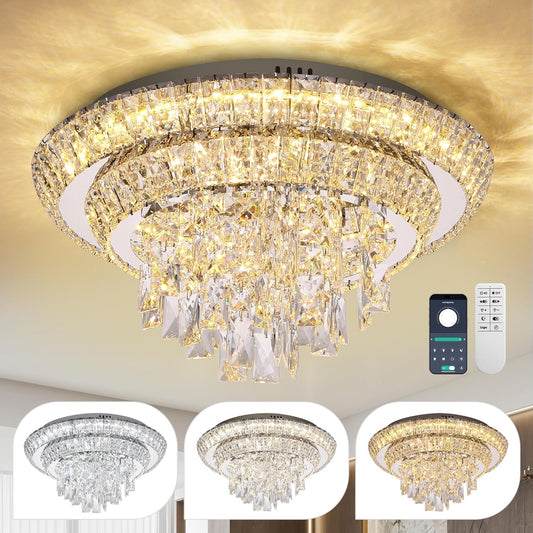 COCOSTAR 18 inch Flush Mount Crystal Chandeliers with Remote and APP, Modern Elegant LED Crystal Raindrop Ceiling Light Fixture, 3CCT Dimmable, for Living Room Kitchen Island Bedroom Entryway Foyer