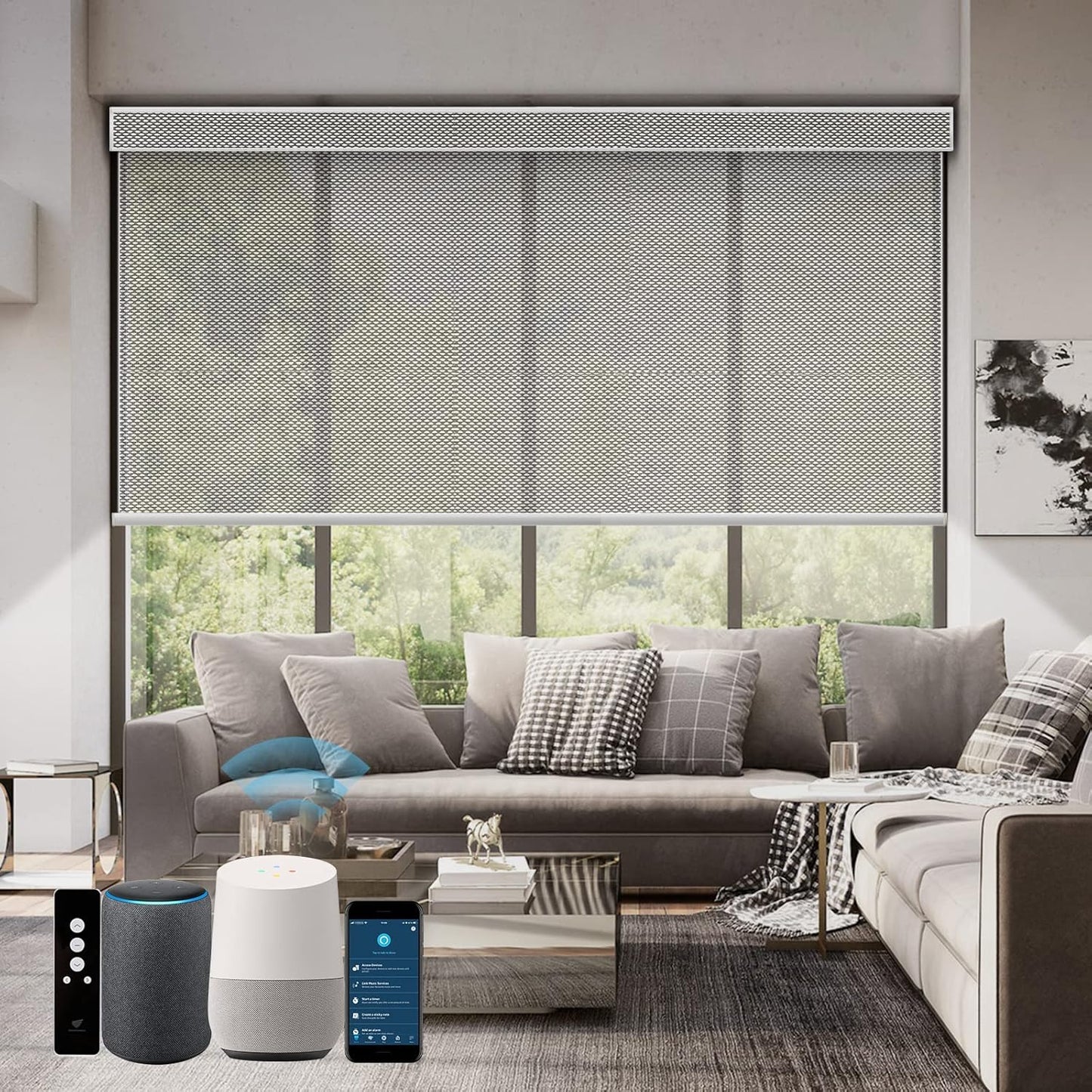 SmartWings Motorized Roller Shades 5% Openness Work with Homekit, Alexa SmartThings Google, Zigbee Motor Smart Blinds for Windows, Cordless Remote Window Shades, Rechargeable, Customized, White Grey