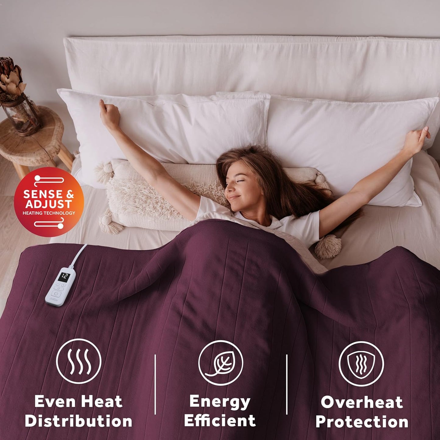 Sunbeam Royal Ultra Fleece Heated Electric Blanket Twin Size, 84" x 62", 12 Heat Settings, 12-Hour Selectable Auto Shut-Off, Fast Heating, Machine Washable, Warm and Cozy, Claret