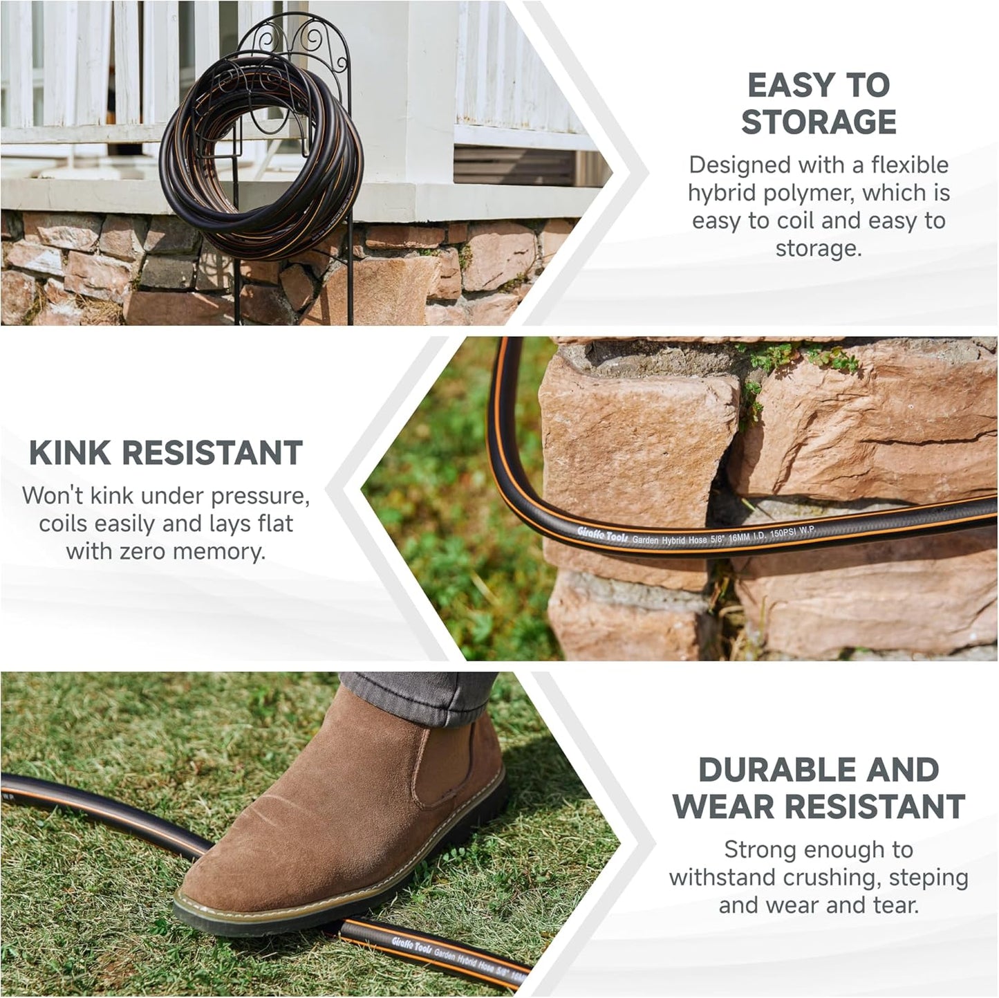 Giraffe Tools Leader Hose 10ft x 5/8", Custom Length, Heavy Duty, No Kink, Flexible, Rubber Garden Hose, Leakproof Water Hose with Female to Female Fittings, 600 Burst PSI