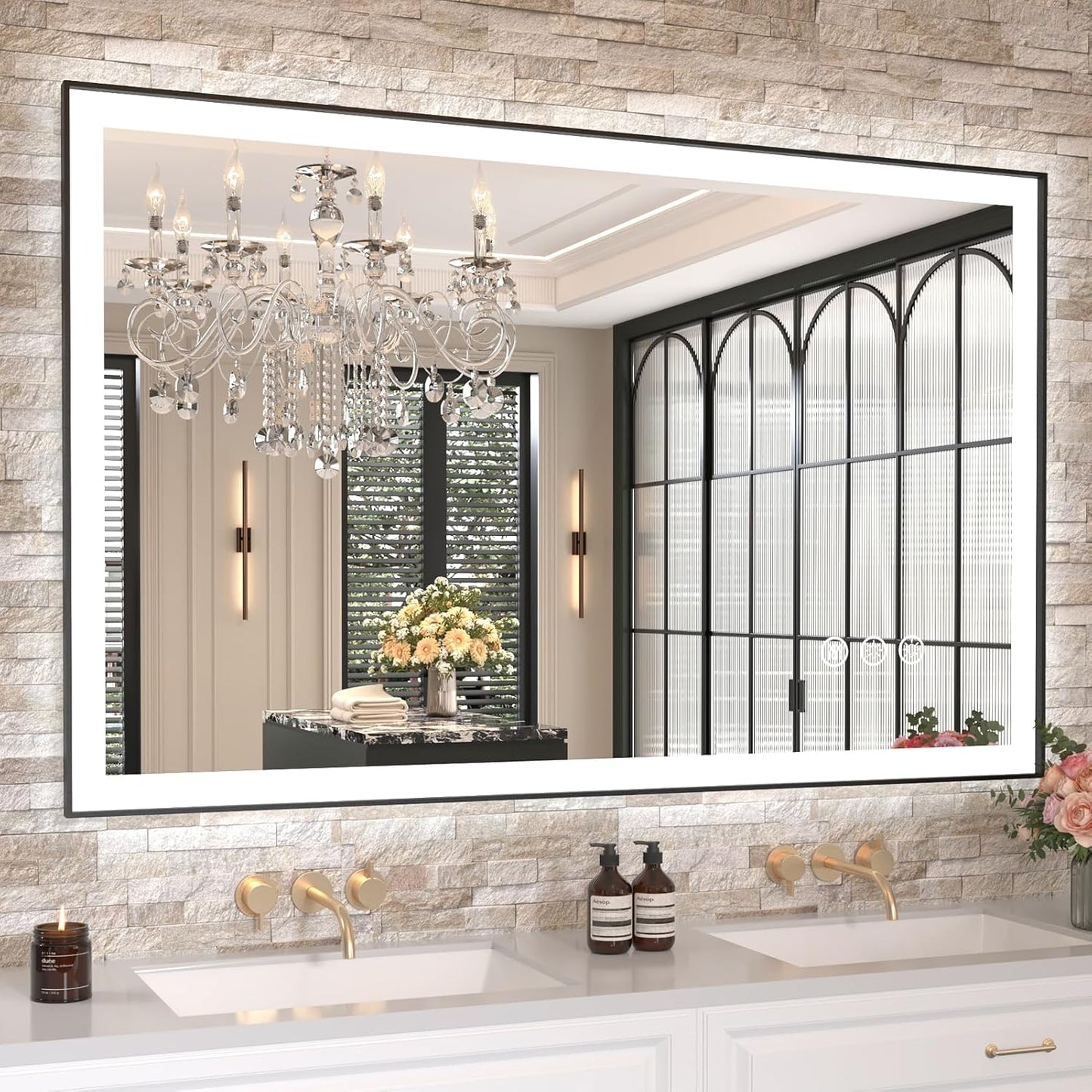 Amorho LED Bathroom Mirror with Black Frame, 48" X30" Front Light and Backlit(Controlled Separately), Stepless Dimmable, Anti-Fog, Shatter-Proof, 3 Colors, Memory