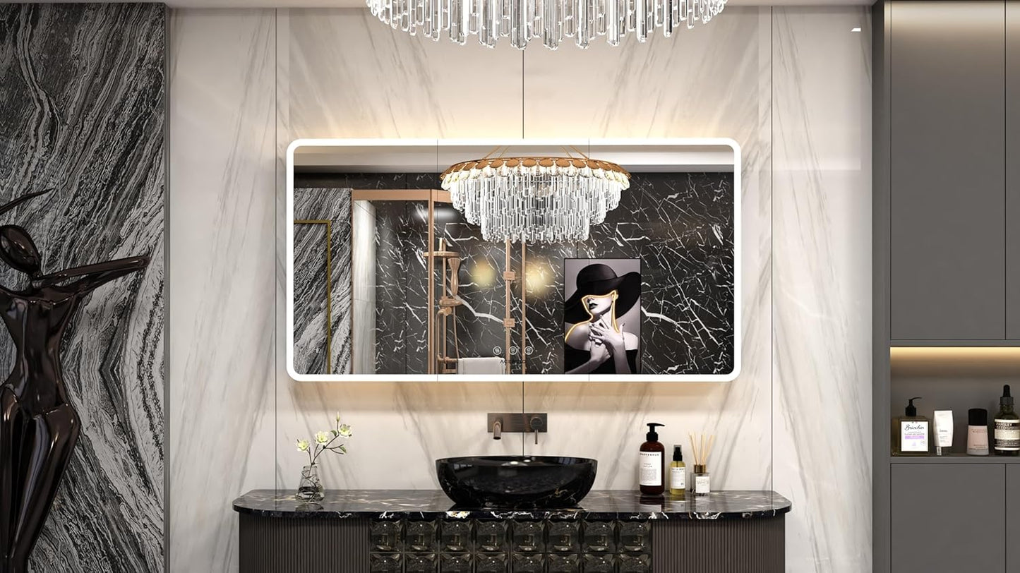 60×32 Inch Lighted Medicine Cabinet with Mirror, RGB Backlit LED Medicine Cabinet with 3-Color Front Lights, Bathroom Mirrored Cabinet with Electrical Outlet, Defogger, Three Door