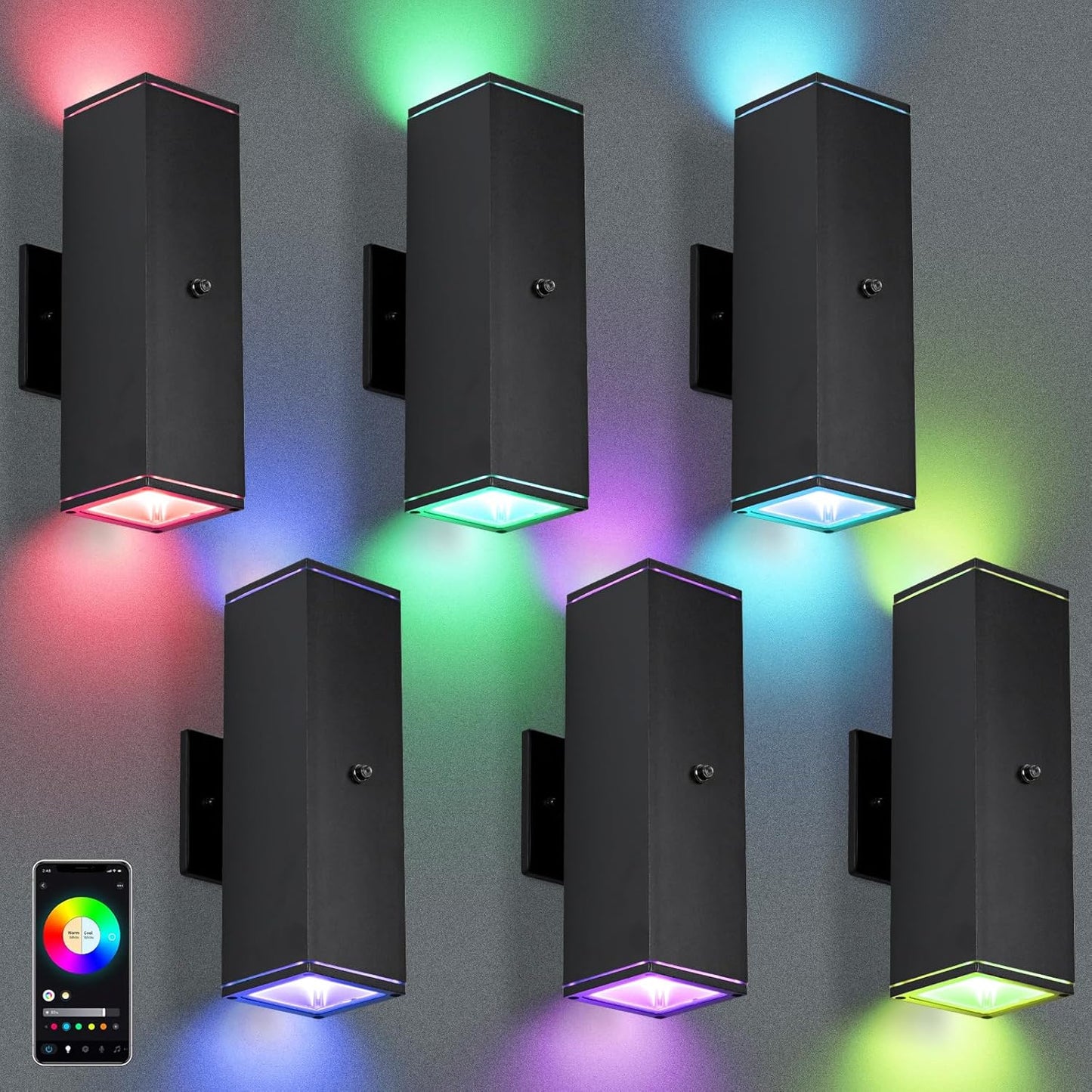 Outdoor Wall Lights 6 Pack, RGBCW Exterior Lighting Sconce,2700K-6500K Dimmable Smart Porch Lights Outdoor for House Patio Garage, Compatible with Alexa/Google Assistant, Bulb Included