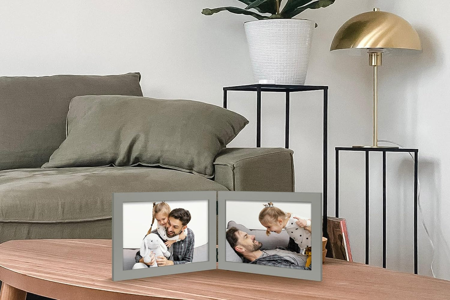 Double 5x7 Horizontal Combo, Grey Wood Picture Frame, 4.5x6.5 Opening Foldable Landscape View Photo Frame on Table-top or Wall