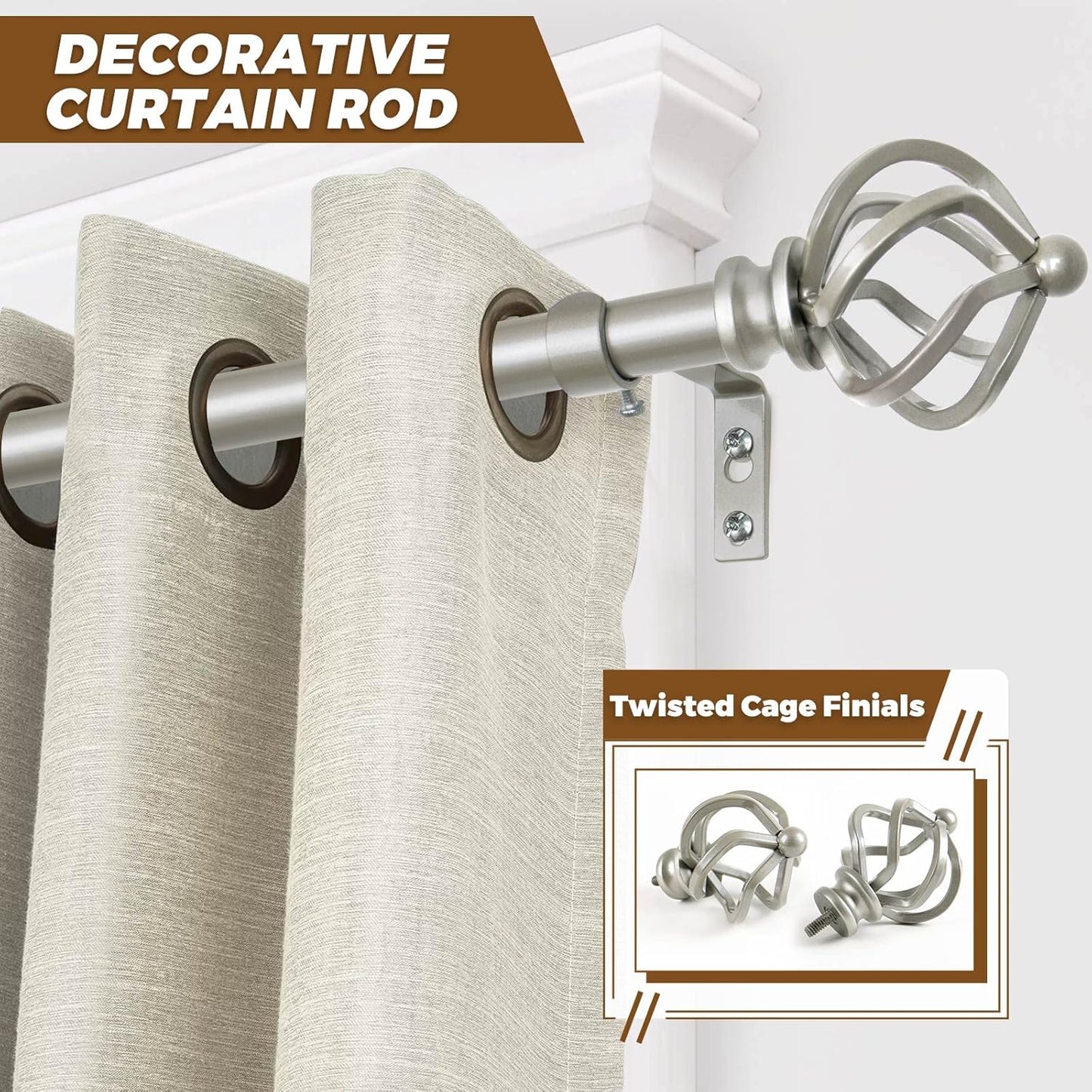 KAMANINA 2 Pack Curtain Rods 32 to 86 Inches (2.6-7.1ft), 3/4 Inch Curtain Rods for Windows Splicing Adjustable Single Drapery Rod with Twisted Cage Finial, for Indoor and Outdoor, Antique Silver