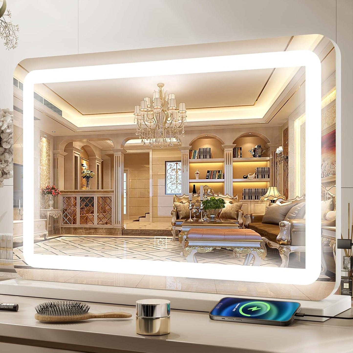 Large Vanity Mirror with Lights 32"x22", Lighted Makeup Mirror, Wall-mounted Hollywood Mirror, Touch Sensor, 3-Color Lighting, 5X Magnification, USB Port for Vanity Desk Tabletop, Bedroom, Salon