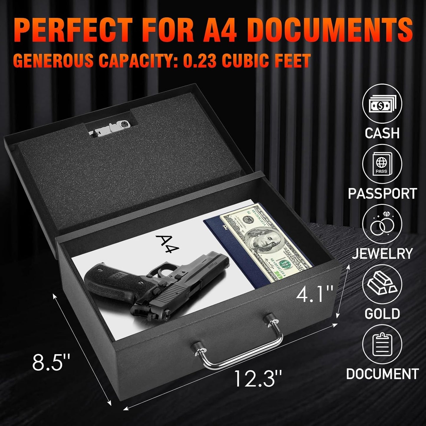 TOTOY Portable Fireproof Document Box with 3-digit Combination Lock, Safe Box for Valuables, Hand Held Storage Lock Box for Documents, Passport, Cash, Tablet