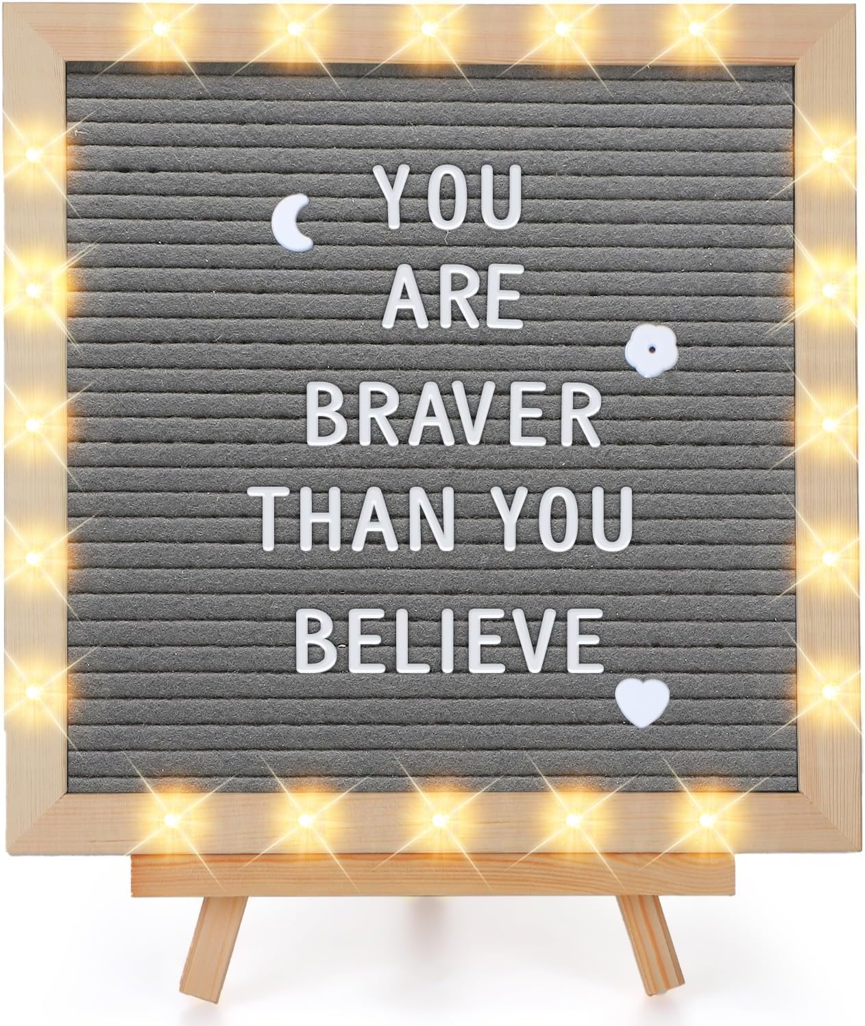 Changeable Felt Letter Board with LED Lights - 10×10" Message Custom Signs & Wood Stand & 450 Letters, Poster Board for Valentine's Day/Baby/Pregnancy Announcement/Classroom Wall Decor Gifts, Grey