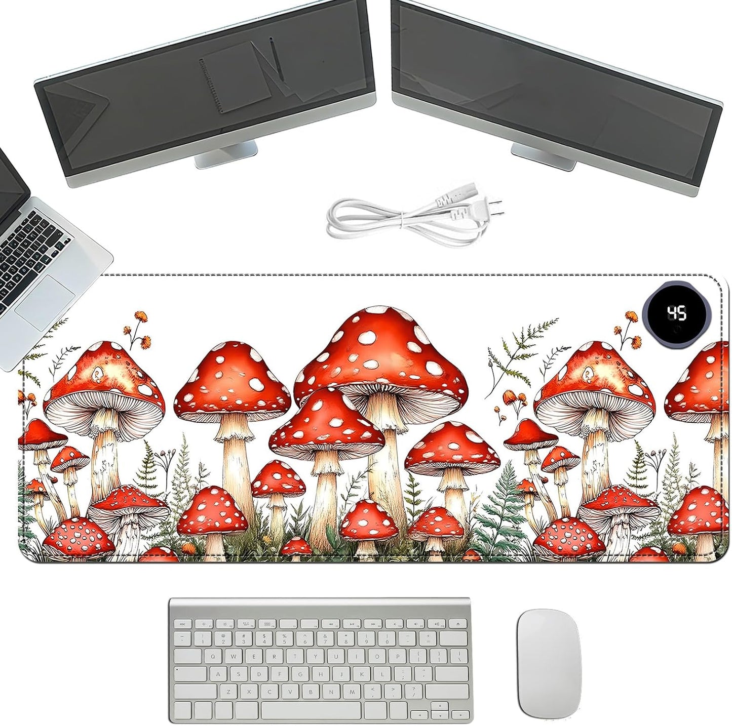 Heated Mouse Pad with 3 Temperature Settings(104°F–122°F),Large 31.5x13 Inch PU Leather Heated Desk Mat,Waterproof Warming Pad for Office,Gaming & Cold Hands Relief,Red Mushroom