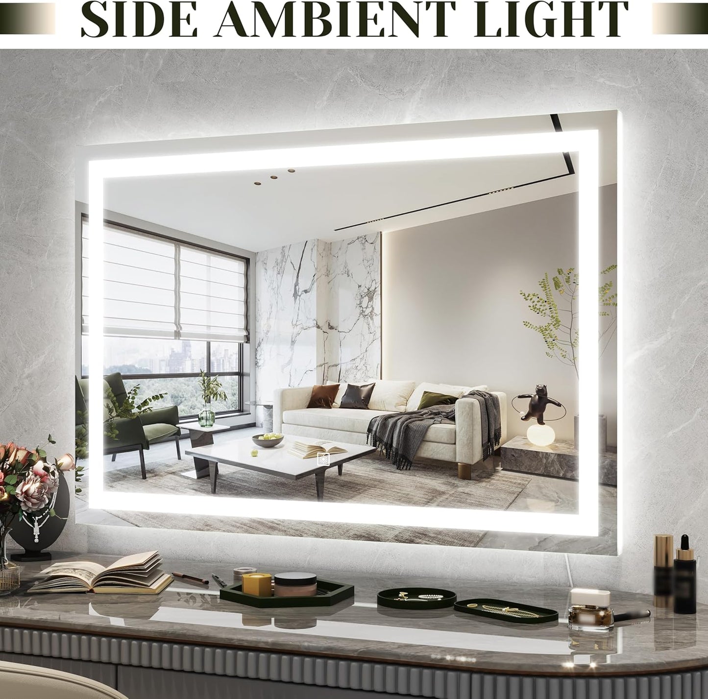 ROLOVE 32x 22 Inch Large Lighted Vanity Mirror with Dimmable 3 Modes, LED Makeup Mirror for Bathroom ＆ Dressing Room, Tabletop or Wall-Mounted, White