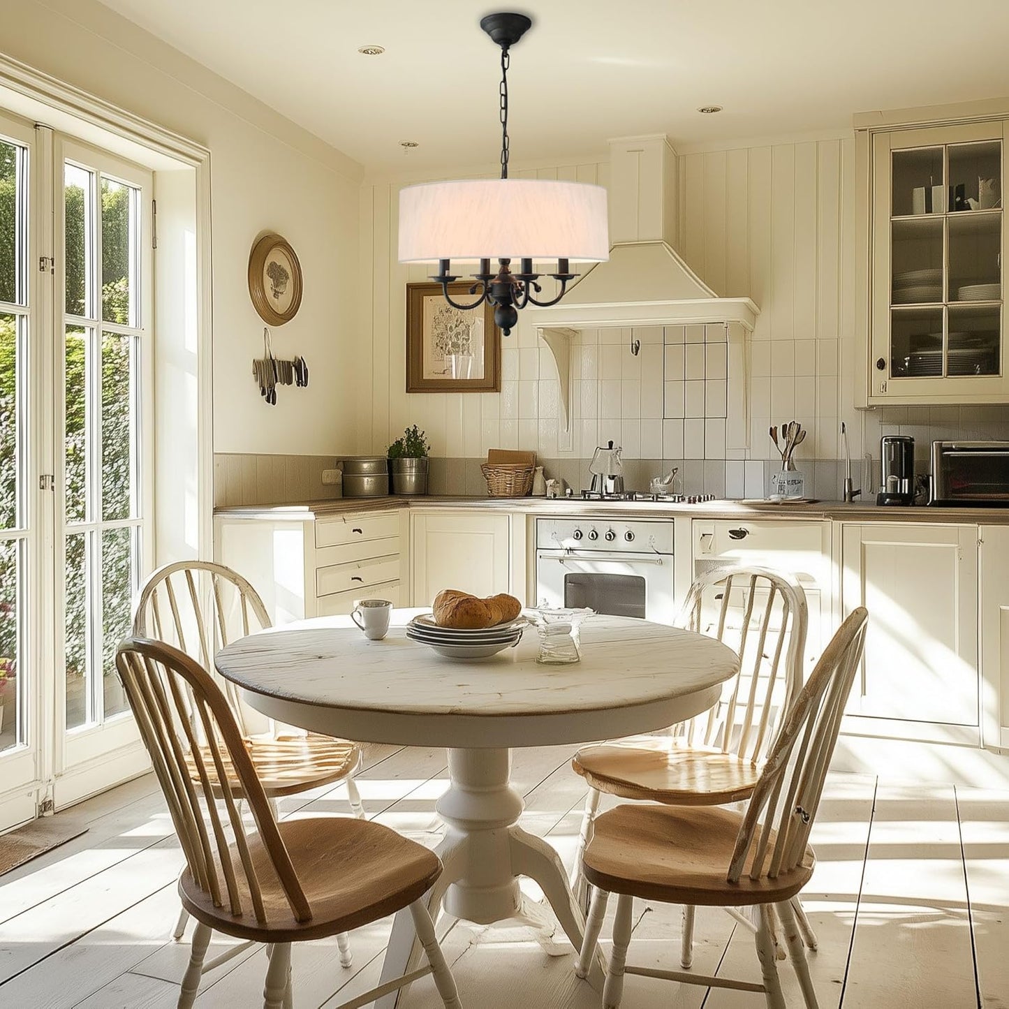 Drum Chandelier, 4-Lights Pendant Ceiling Hanging Light Fixture with Beige Shade, for Dining Room Living Room Bedroom Kitchen Island(17.75")