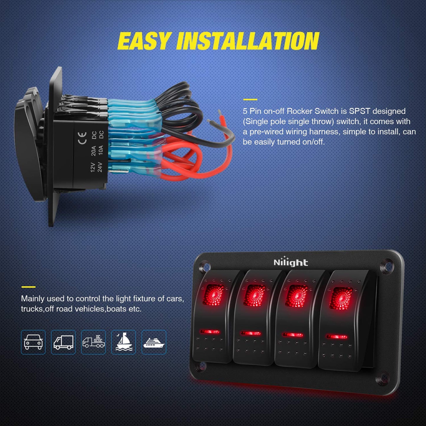 Nilight 4 Gang Rocker Switch Panel 5Pin On Off Toggle Aluminum Holder 12V 24V Dash Pre-Wired Red Backlit Switches for Automotive Cars Marine Boats RVs Truck