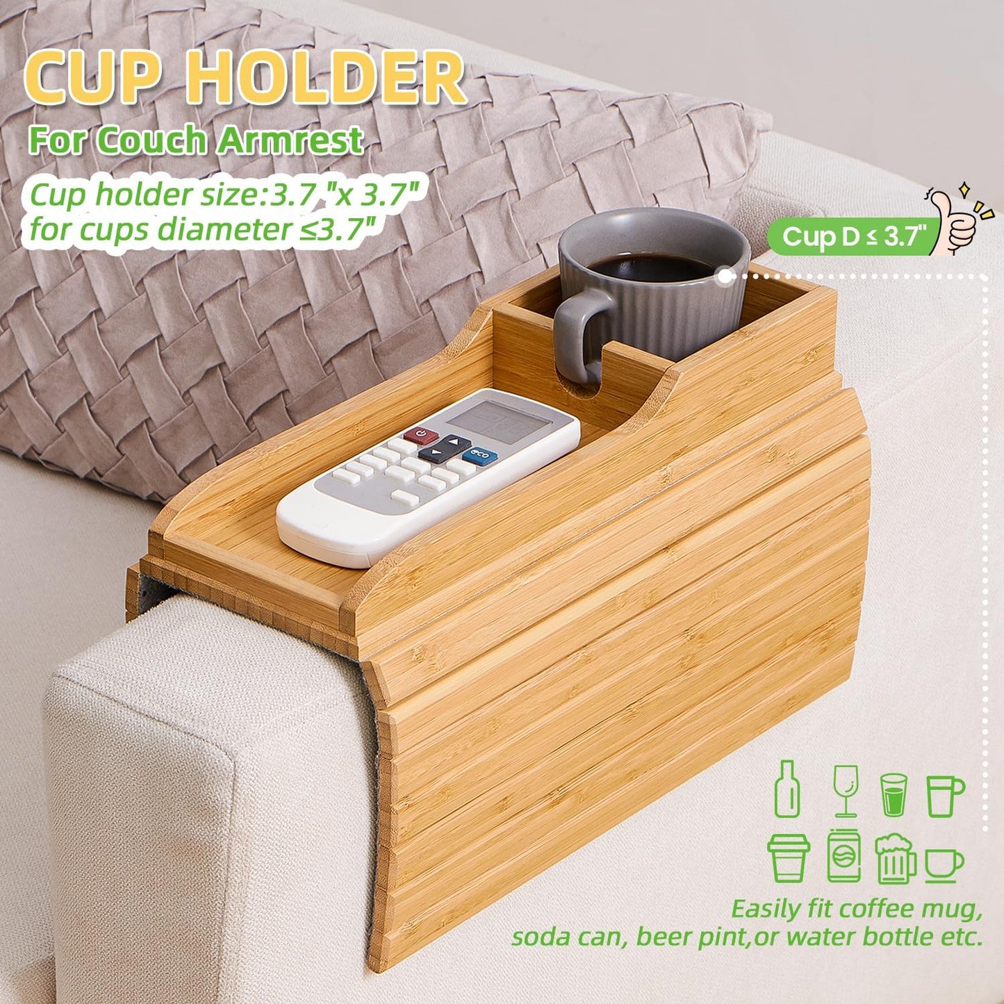 GEHE Couch Cup Holder, Anti Falling Sofa Arm Tray, Natural Bamboo Sofa Cup Holder More Safe for You Family, Portable Couch Arm Tray Armrest Table for Remote, Snacks, Phone, Drinks