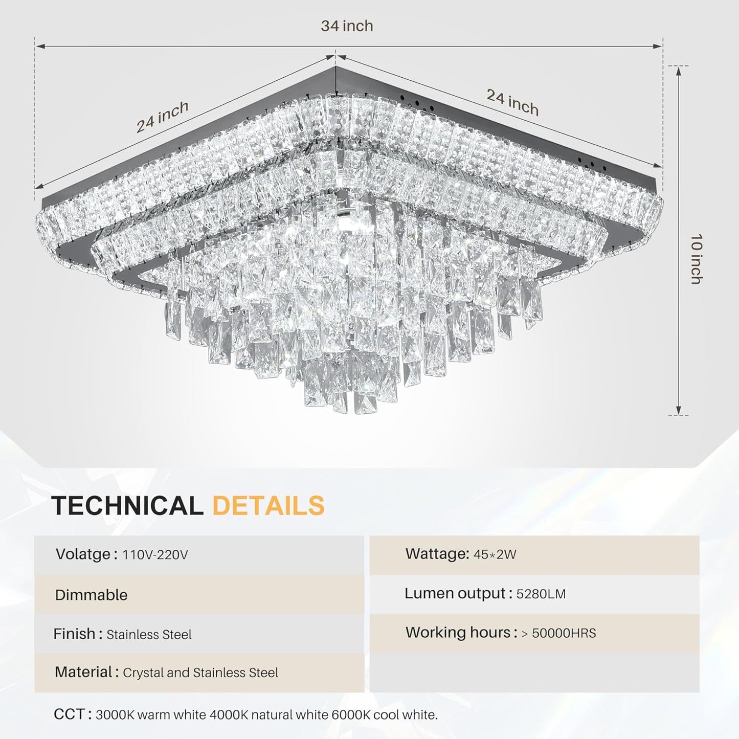 Elegant LED Crystal Raindrop Ceiling Light, 24 in Square Flush Mount Chandelier with Remote for Living Room Kitchen Island Bedroom Hallway Entryway Foyer (Dimmable)