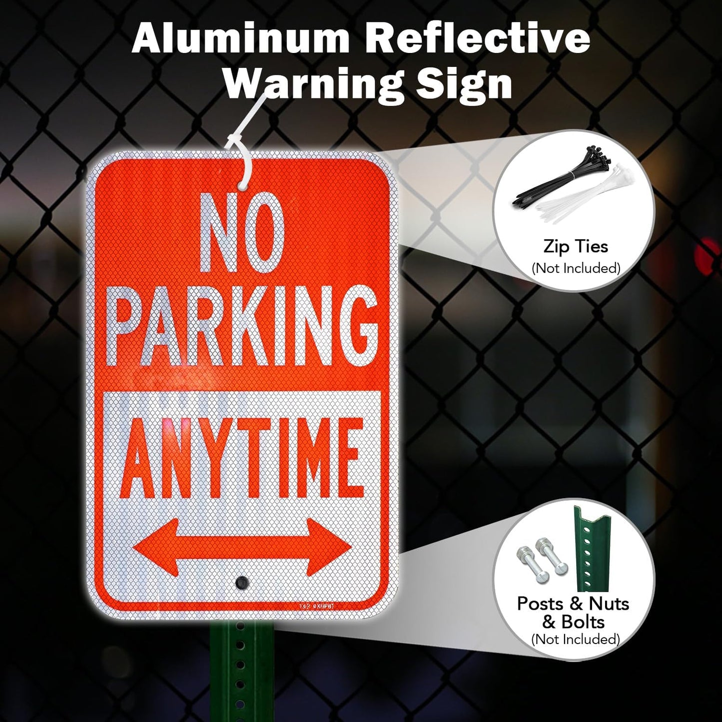 T&R (4 Pack) Large No Parking Anytime Sign, 18" x 12" Engineer Grade Reflective Sheeting, Rust Free Aluminum, Waterproof, Fade Resistant, 2 Pre-drilled Holes