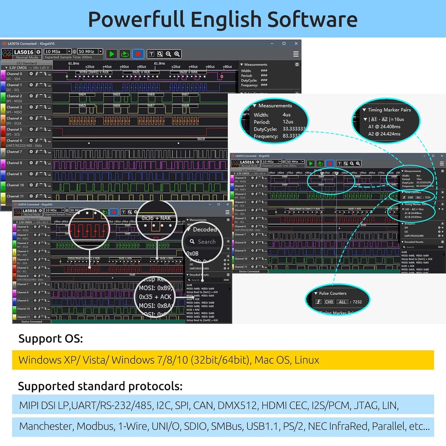USB Logic Analyzer LA5032 32 Channels 500MHz 10G Samples for MCU ARM FPGA Debug Tool MIPI Analyzer with English Software Compatible with Windows Mac Linux