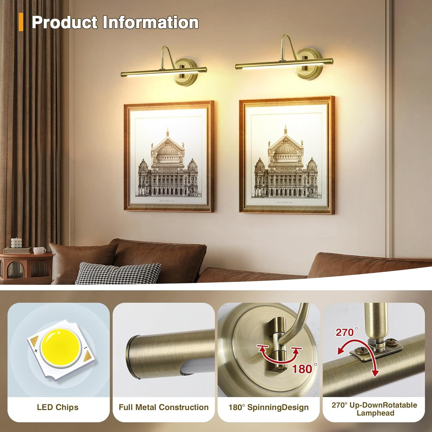 JOOSENLUX Modern LED Picture Lights Fixtures,Art Decor Metal Artwork Mini Accent Spotlights 16.54" Inch,7W(45W Eqv.),Natural White 3000K,Hardwire Swing Arm, Antique Bronze Finish