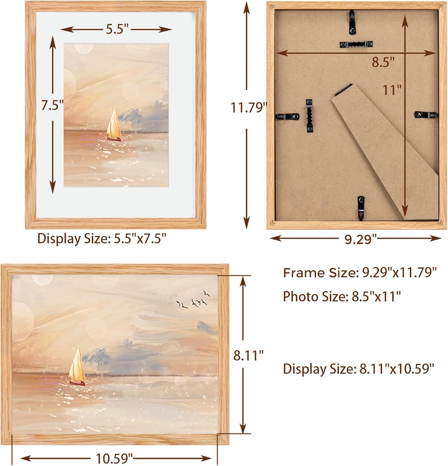 8.5x11 Picture Frame Set of 3, Solid Oak Wood & Tempered Glass, 8.5 x 11 Frame for Wall, Rustic Wood 8.5 by 11 Frames, 8.5x11 Frame with Mat for 6x8, Natural Oak Color