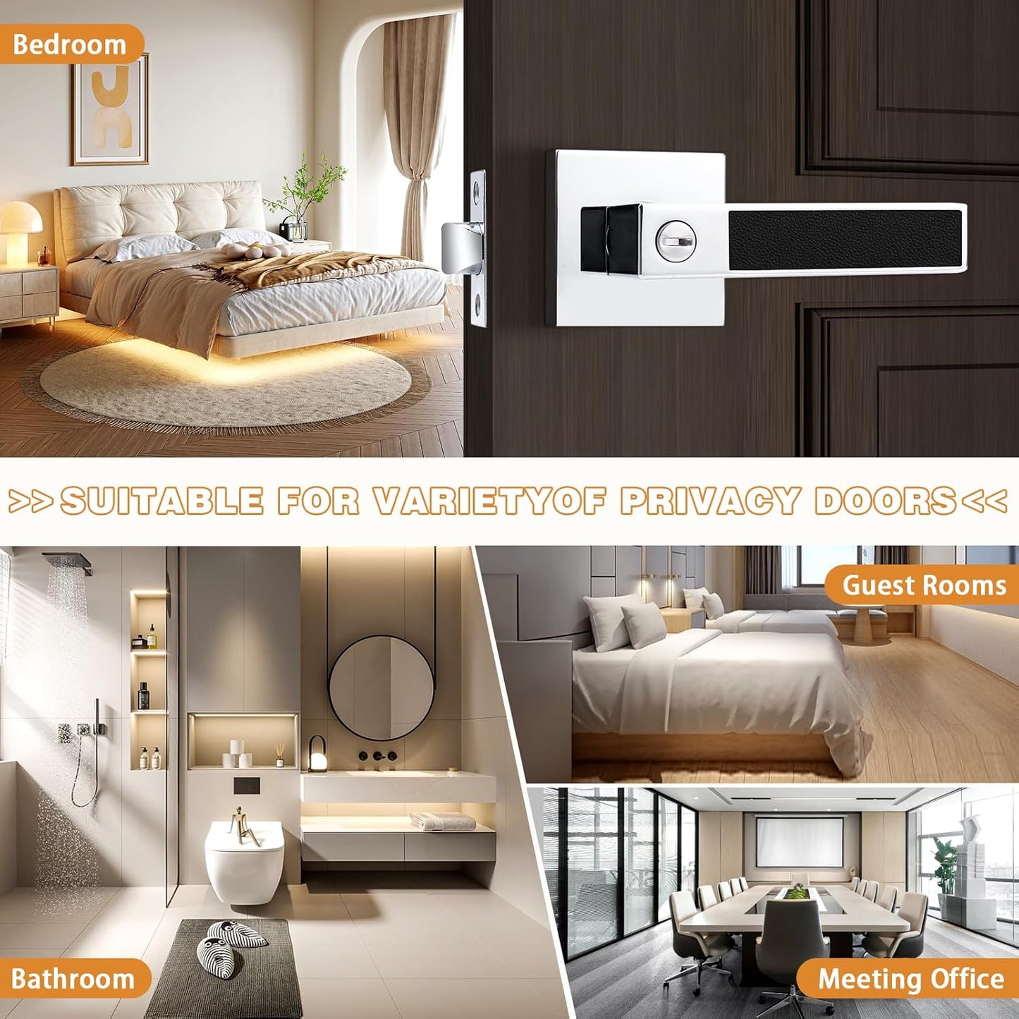 Probrico Square Heavy Duty Door Handle with Black Leather Hand Lever, Keyless Privacy Interior Door Levers for Bedromm and Bathroom, Polished Chrome, 2 Pack
