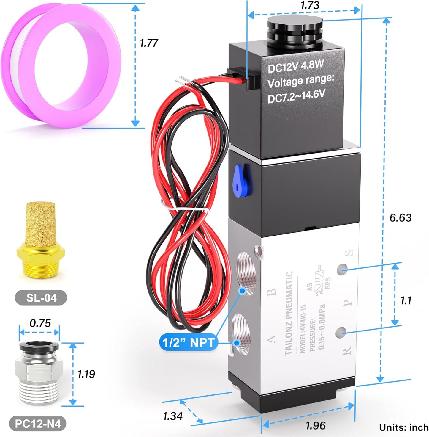TAILONZ PNEUMATIC 1/2"NPT Solenoid Valve 4V410-15 12V/24V/110V/220V Single Coil Pilot-Operated Electric 2 Position 5 Way Connection Type Outlet wire