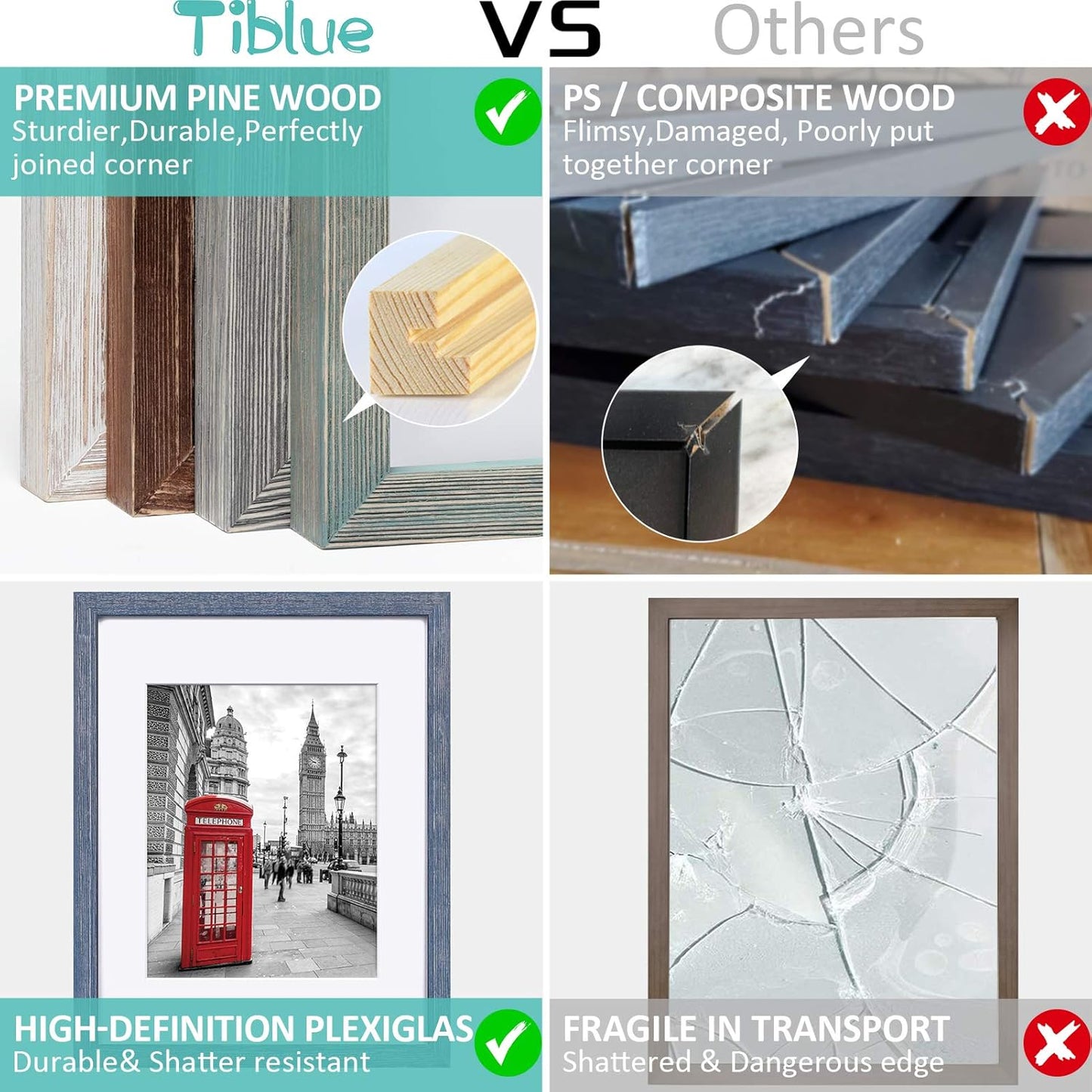 Tiblue 11x14 Picture Frame, Distressed Rustic Blue Solid Wood, 2 Packs with 4 Mats, 8.5”x10.5”/7.5”x9.5” Opening, HD Plexiglass, Wall Mount & Tabletop, Unisex Adult