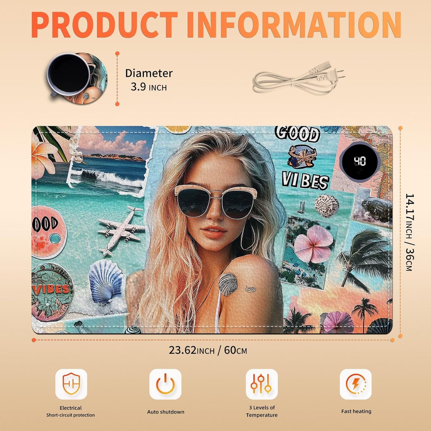 Heated Mouse Pad 23.6 x 14 in 3-Temp Fast Heating Desk Mat with Auto Timer Warmer for Hands Wrist Pain Relief Waterproof Keyboard Mat for Office, Gaming, Home, Beach Vibes Beauty