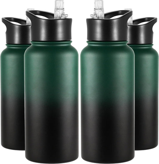 VEGOND 32 oz Insulated Water Bottle Bulk Stainless Steel Metal Water Bottles with Leak Proof Straw Lid & Spout Lid, Wide Mouth Double Walled Vacuum Travel Sports Bottle, 4 Pack