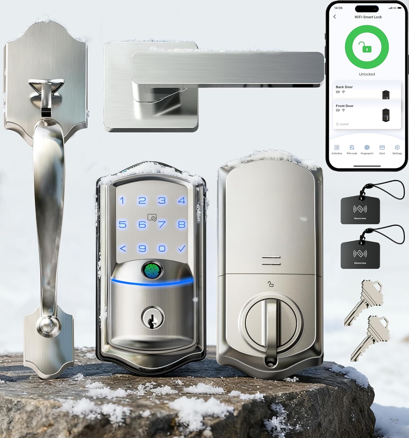 Veise VE027-H WiFi Fingerprint Smart Deadbolt Lock with Handleset, App Remote Control, Keyless Entry Front Door Lock Set, Built-in Wi-Fi, Touchscreen Keypad, Auto-Lock, Easy Setup, Satin Nickel