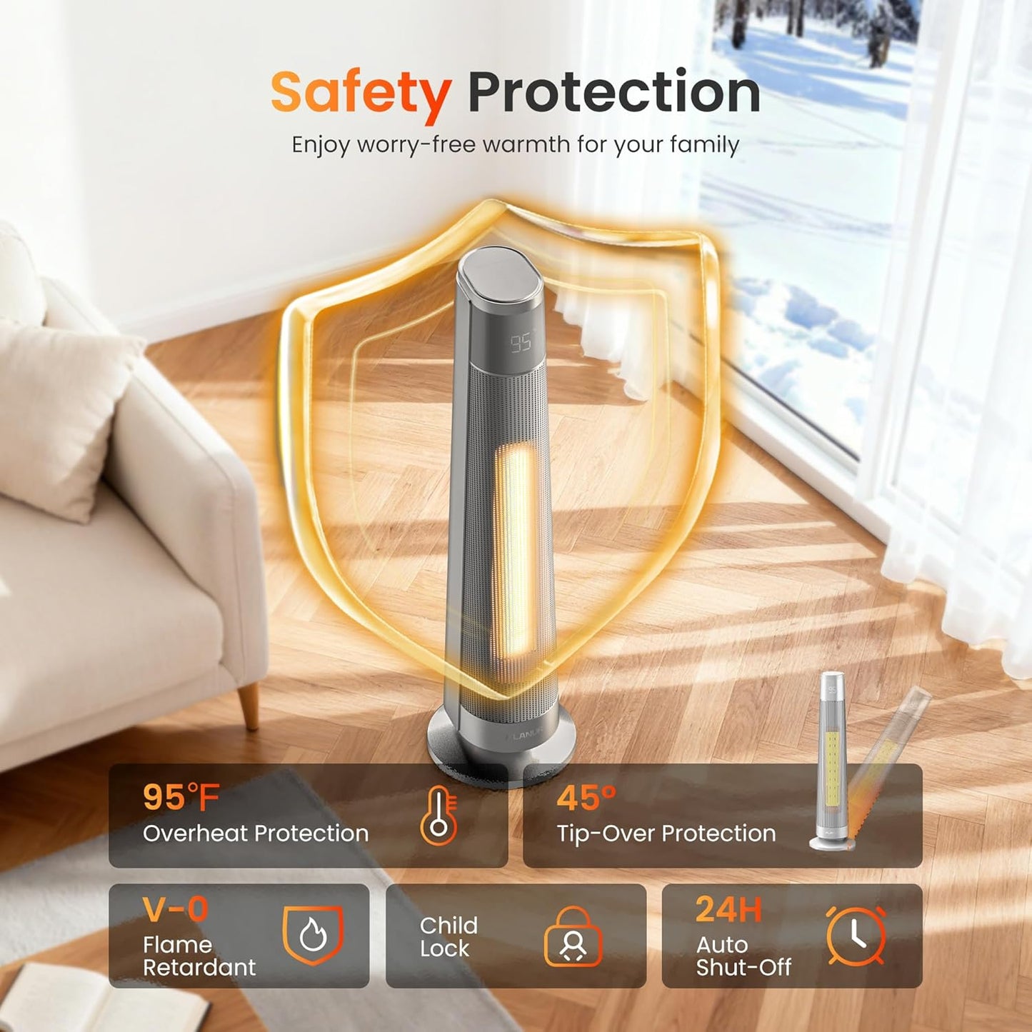 1500W PTC Ceramic Smart Space Heaters for Indoor Use, Portable Heater with Remote & App Control for Large Room, Office, ECO Modes, Safety Protection, 70° Oscillation, 12H Timer, Silver, 1 Pack