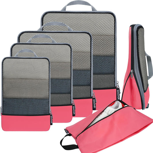BAGAIL 4 Set/6 Set/8 Set Compression Packing Cubes Travel Accessories Expandable Packing Organizers (Half Mesh, 6-Coral)