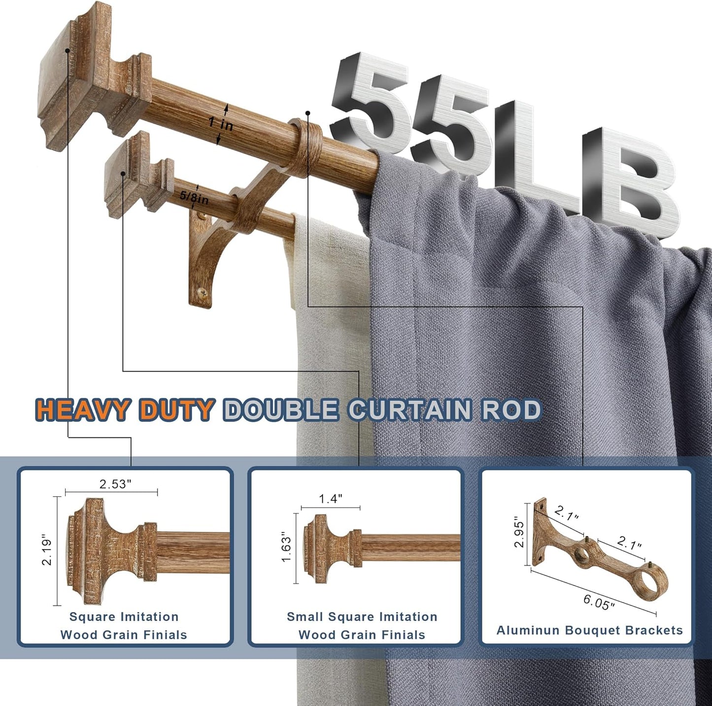 Double Wood Curtain Rods for Windows 72 to 144 Inches,1 Inch Decorative Wooden Curtain Rod with Square Imitation Wood Grain Finials and Double Aluminum Bouquet Bracket, Coffee Brown Wood Grain