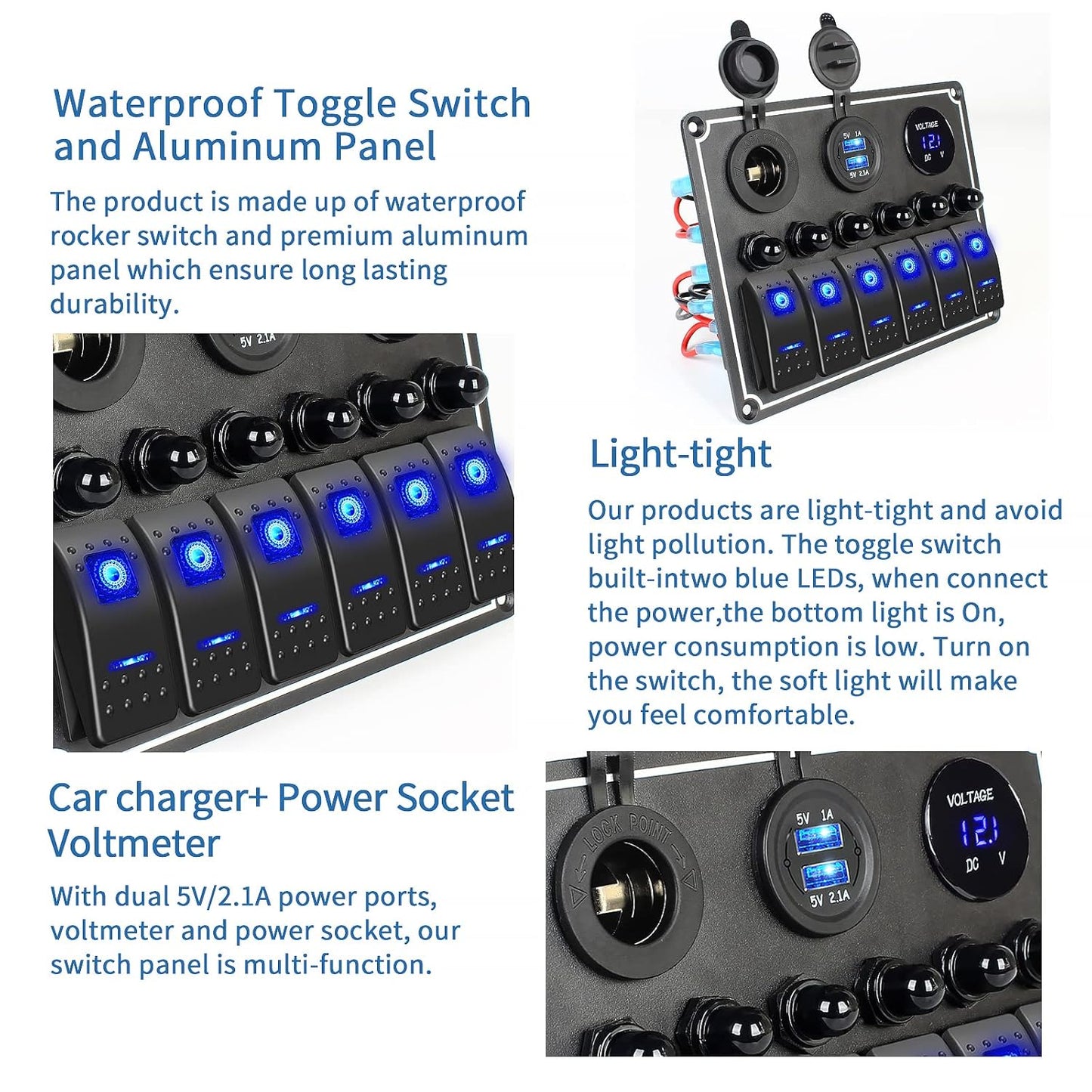 Marine Boat Rocker Switch Panel,Waterproof 6 Gang Multi-Function Toggle Light Switch Panel with Dual USB and Voltmeter Panel for RVs, Cars, Boats, Trucks,Trailers - 12-24V Blue