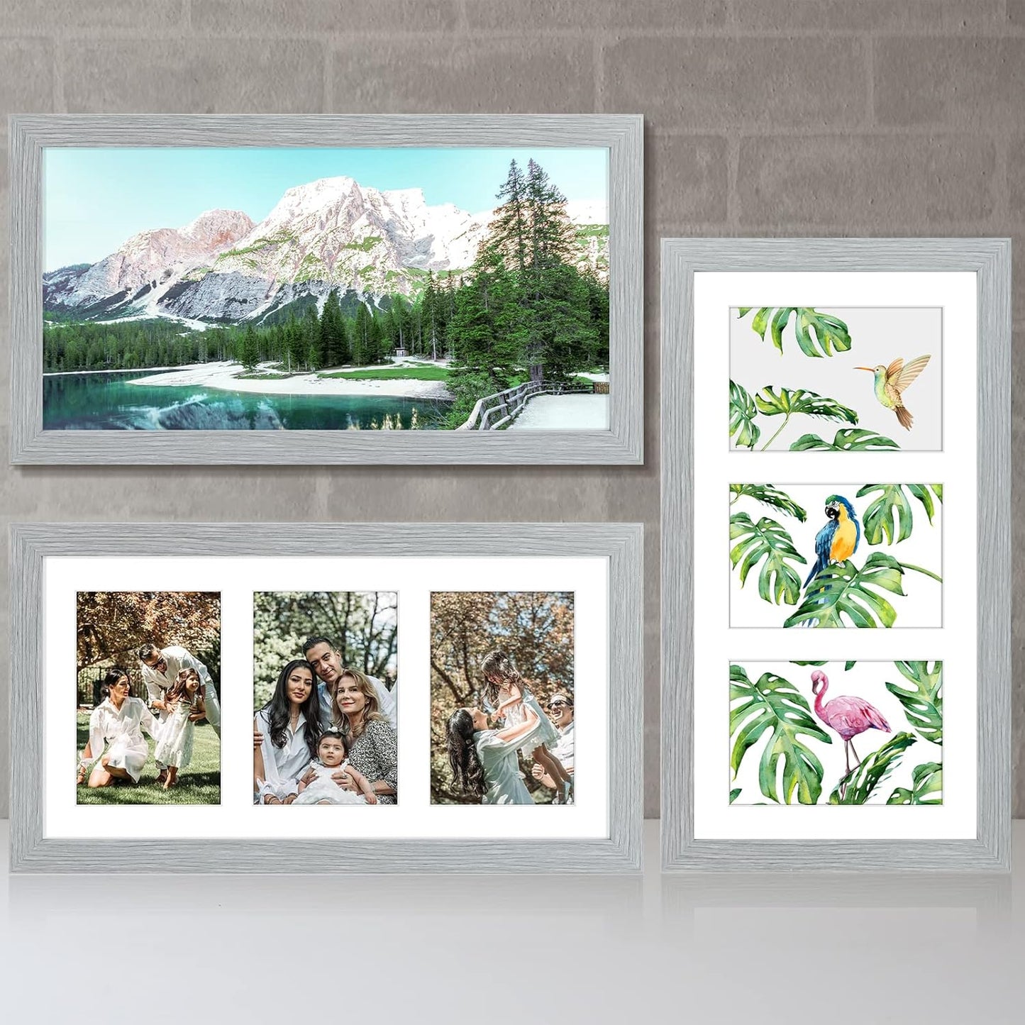 Golden State Art, Set of 10, 9x18 Grey Wood Frame - White Mat for Three 5x7 Pictures - Sawtooth Hangers- Swivel Tabs - Wall Mounting - Landscape/Portrait - Real Glass - Collage Frame