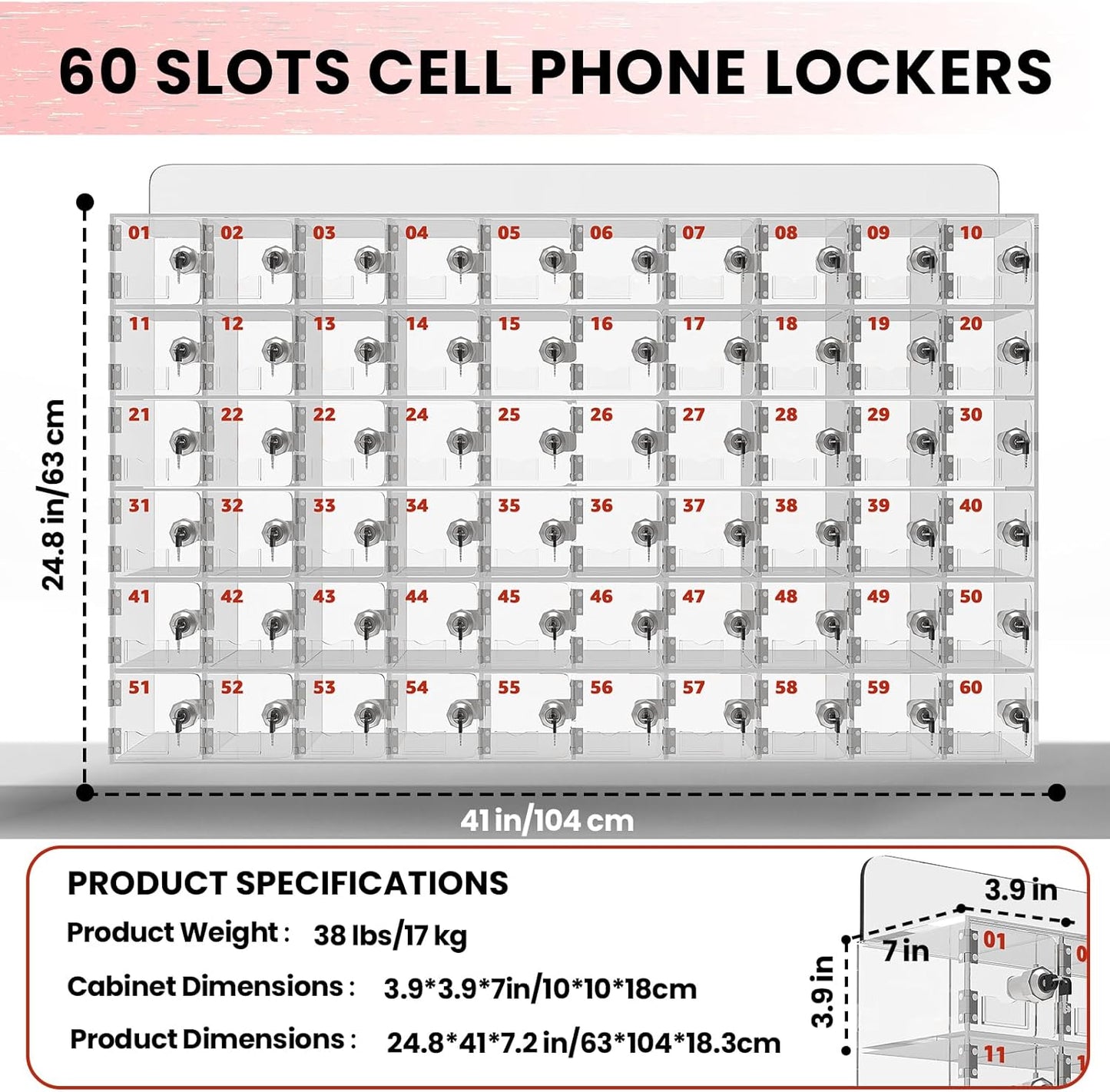 41x25x7-inch Cell Phone Storage Locker, 60 Slots Cell Phone Locker Box — Storage Cabinet with Anti-Tamper Door Locks and Keys (Transparent Acrylic Material), Wall-Mounted Design