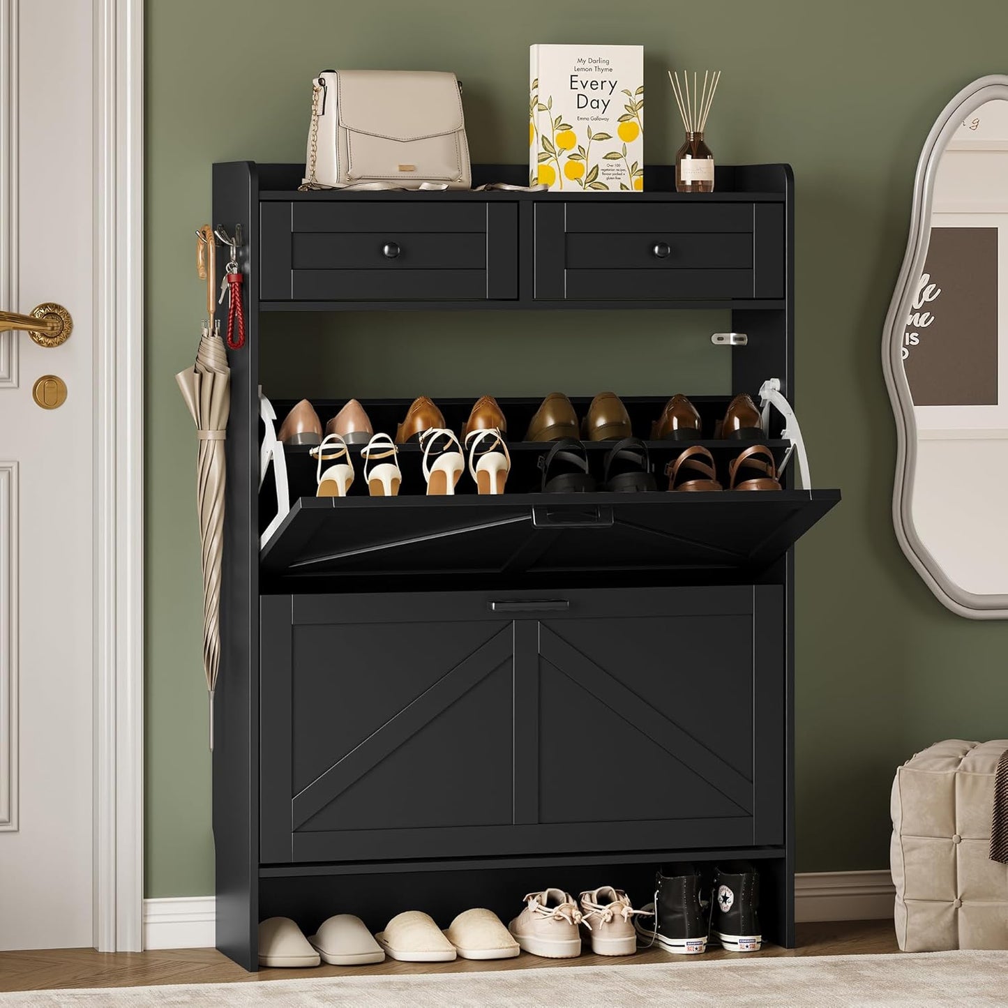 Shoe Storage Cabinet for Entryway, Farmhouse Narrow Shoe Cabinet with 2 Flip Drawers & Top Drawers, Adjustable Shelves & Hooks, Freestanding Hidden Rack Organizer for Hallway, Foyer