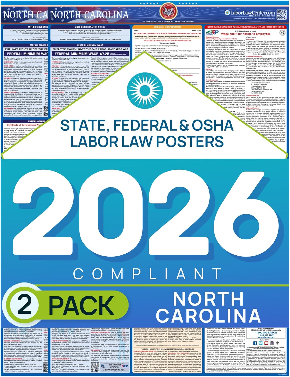North Carolina 2026 Labor Law Poster – State & Federal Compliance – OSHA, EEOC, FMLA, Minimum Wage – Durable, Laminated & Waterproof Workplace Employment Poster – Made in USA – 26” x 39.5”, 2-Pack