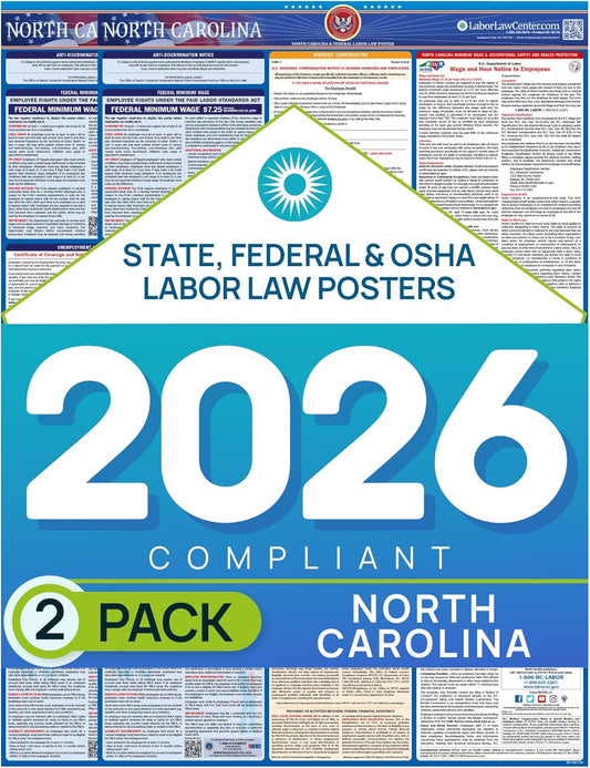 North Carolina 2026 Labor Law Poster – State & Federal Compliance – OSHA, EEOC, FMLA, Minimum Wage – Durable, Laminated & Waterproof Workplace Employment Poster – Made in USA – 26” x 39.5”, 2-Pack