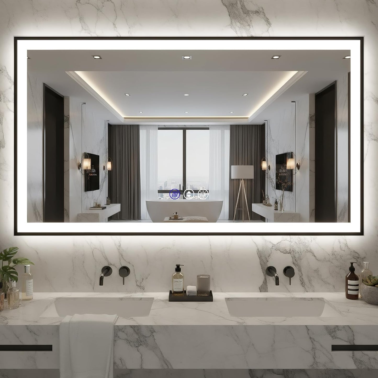 72x40 Lighted Mirrors for Bathroom Wall, Modern Rectangle Matte Black Mirror, Tempered Glass，Double Lights, 3 Colors Dimmable Temperature, IP54 Enhanced Anti-Fog, Memory (Horizontal/Vertical)