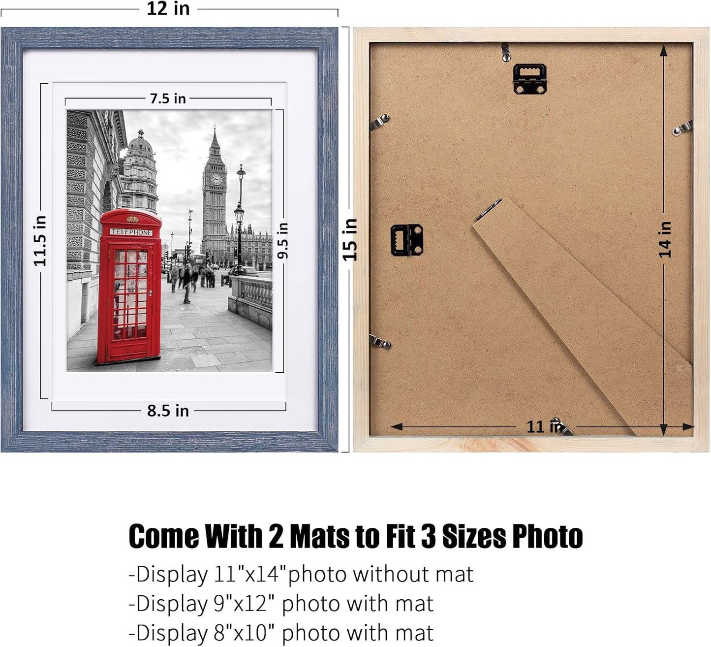 Tiblue 11x14 Picture Frame, Distressed Rustic Blue Solid Wood, 2 Packs with 4 Mats, 8.5”x10.5”/7.5”x9.5” Opening, HD Plexiglass, Wall Mount & Tabletop, Unisex Adult