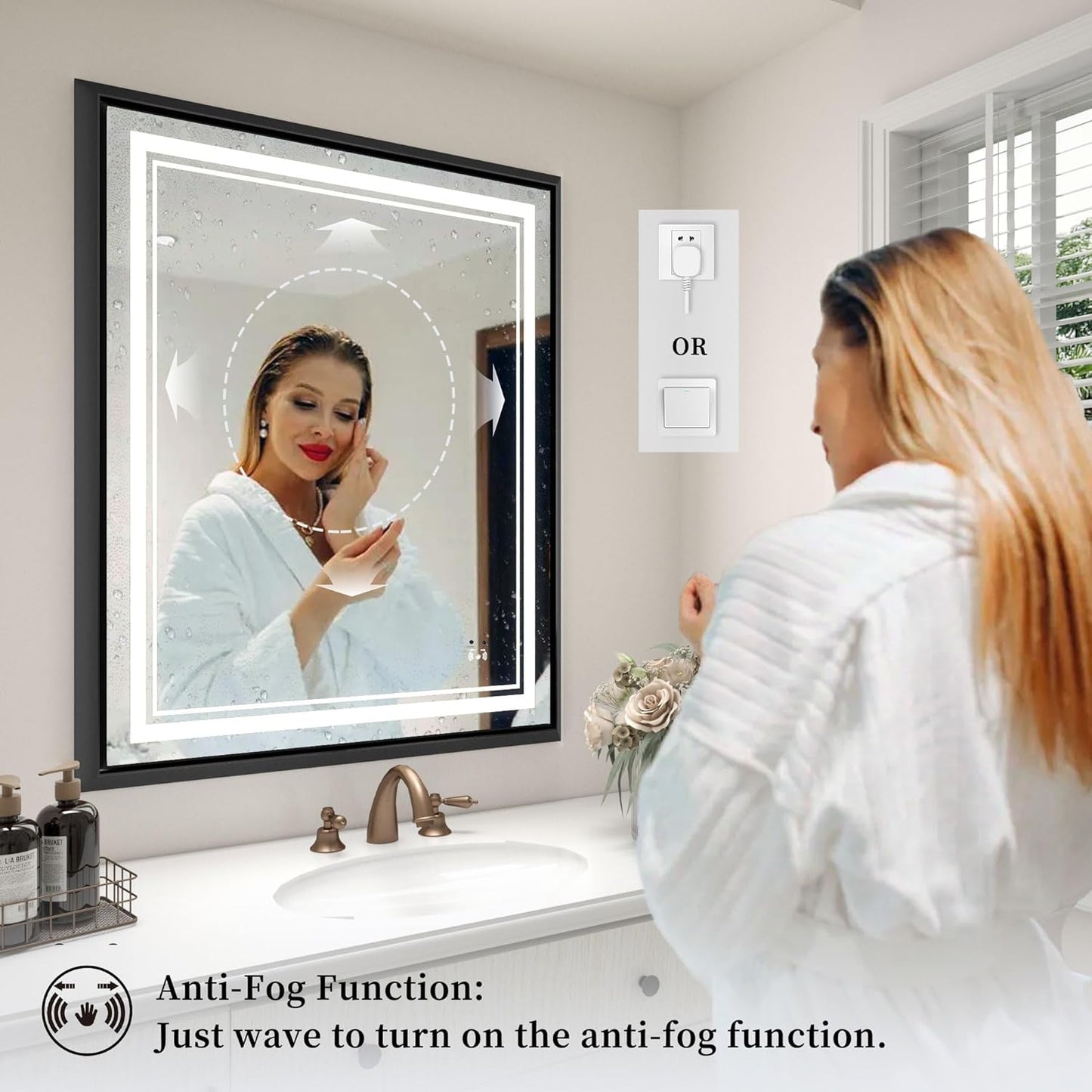 LED Bathroom Mirror: 40x32 Inch LED Bathroom Vanity Mirror - Black Framed Lighted Mirror for Bathroom Anti-Fog Gesture Control Dimmable Memory Function Tempered Glass