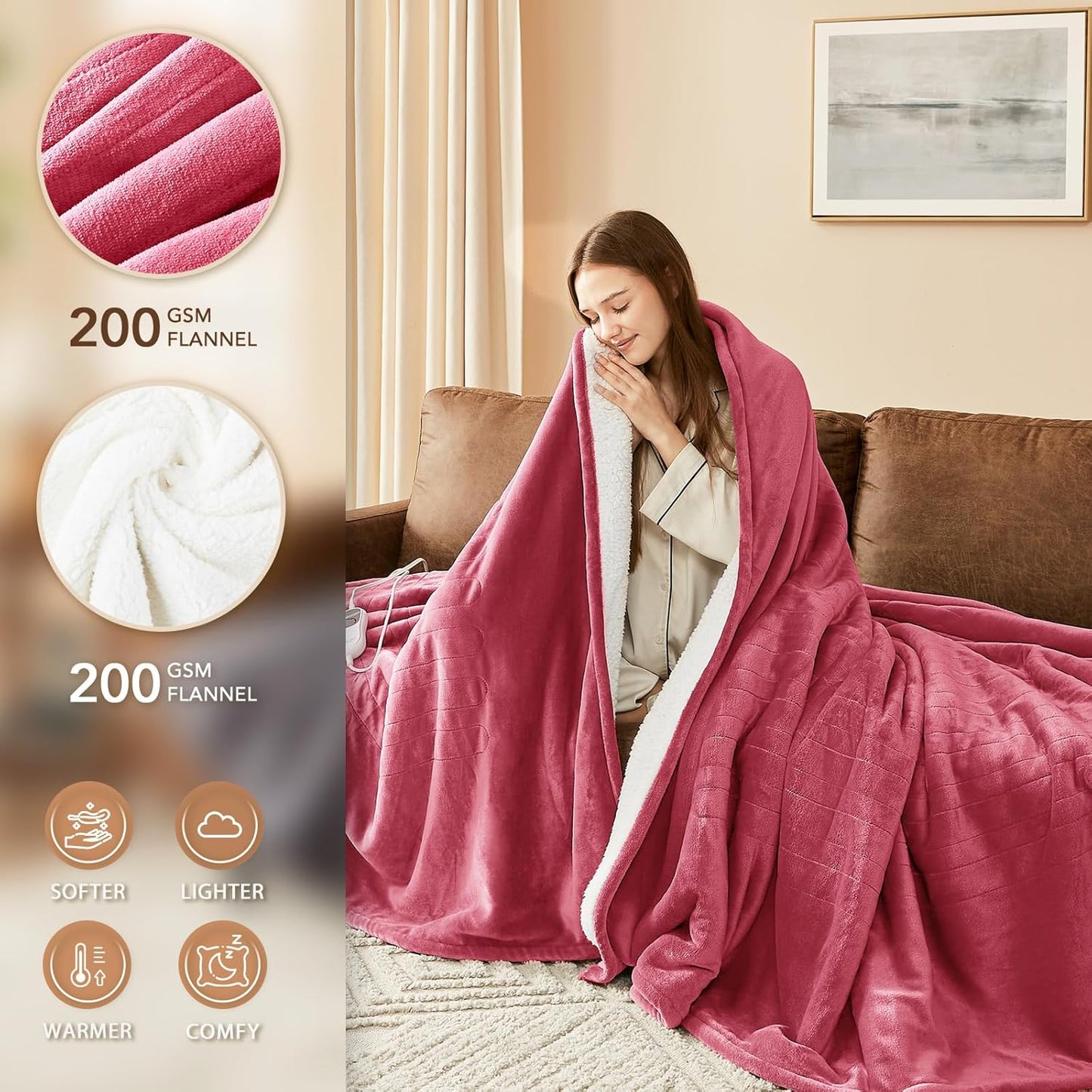 Homemate Electric Heated Blanket Queen - 84"x90" Heating Bed Blankets Throw with 10 Heating Levels 8 Hours Auto Off Fast Heating Over-Heated Protection Ultra Soft Warm Flannel ETL Certified