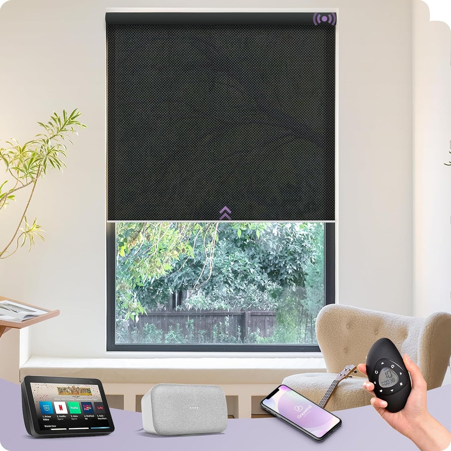 Graywind Motorized Solar Shades Light Filtering Mesh Shade Compatible with Alexa Google Remote Control Window Blinds with Valance for Smart Home Office Business, Custom Size (3% Openness Black Pearl)