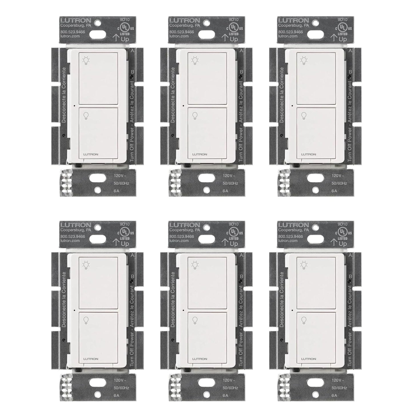 Lutron Caseta Original Smart Light Switch (Lutron Smart Hub Required), for Home, LED Lights, and Fans, 6 Amp, Single-Pole/3-Way, Neutral Required, PD-6ANS-WH-6-Pack, White, 6 Pack