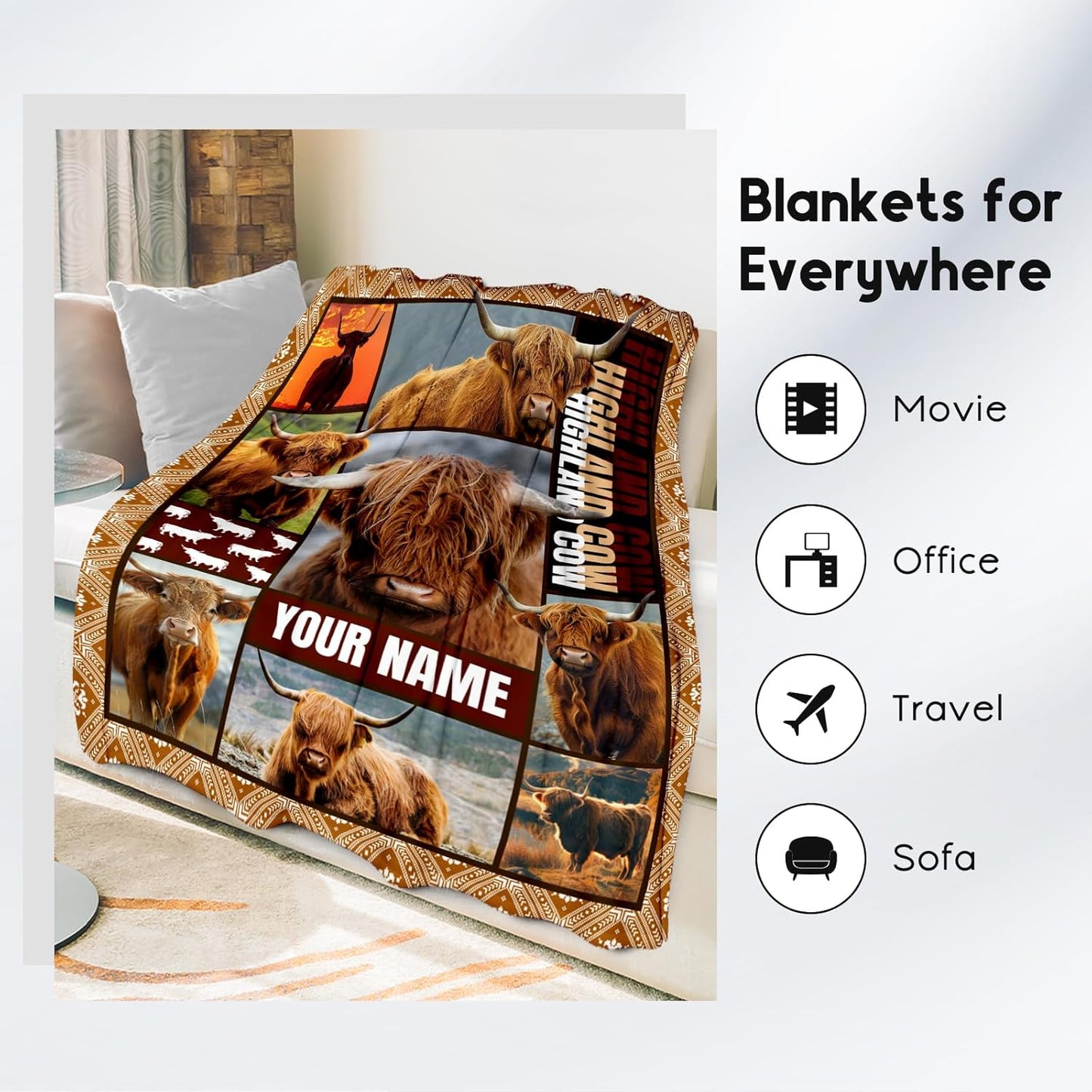 Personalized Blanket for Women Girls, Custom Highland Cow Gifts for Adults - 60"x80" Kids Throw for Bed Living Room - Soft, Fuzzy & Cozy - Wildlife Home Decor Gift Ideal