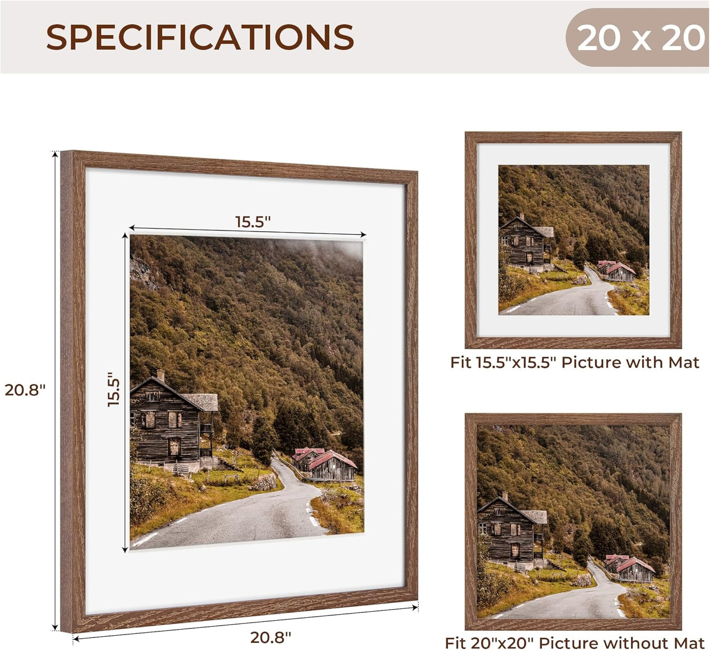 Fun Memories 20x20 Square Picture Frames, Rustic Solid Oak Wood Frame for Wall, Wooden Photo Frame with Tempered Real Glass, Matted to 16x16, Walnut Color, Set of 2