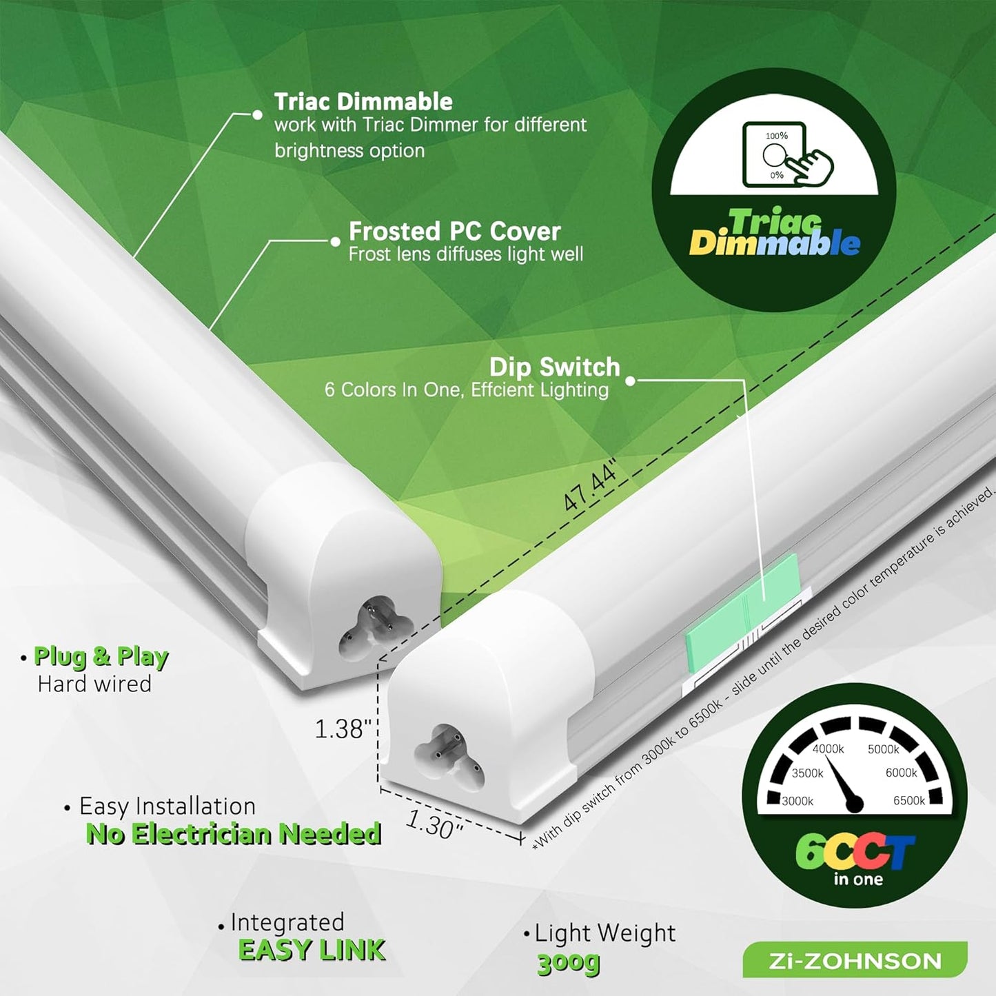 6 Pack Dimmable 4FT Led Shop Lights,30W T8 Integrated LED Tube Light,3000-6500K Tunable,4500LM W Frosted Cover,High Output,Linkable,Plug and Play Lights for Workshop,Garage,Basement,Barn
