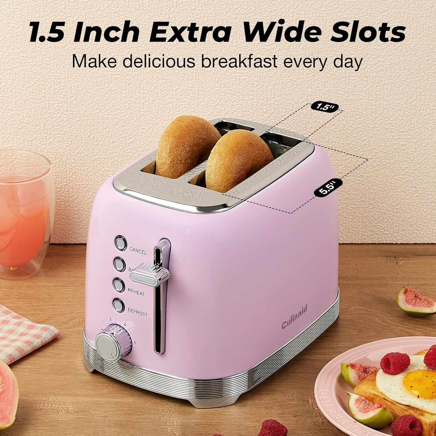 Toaster 2 Slice Retro Stainless Steel with 1.5” Extra Wide Slots Bagel, Defrost, Reheat, Cancel Functions, 6 Bread Shade Settings, Removable Crumb Tray, Pastel Pink